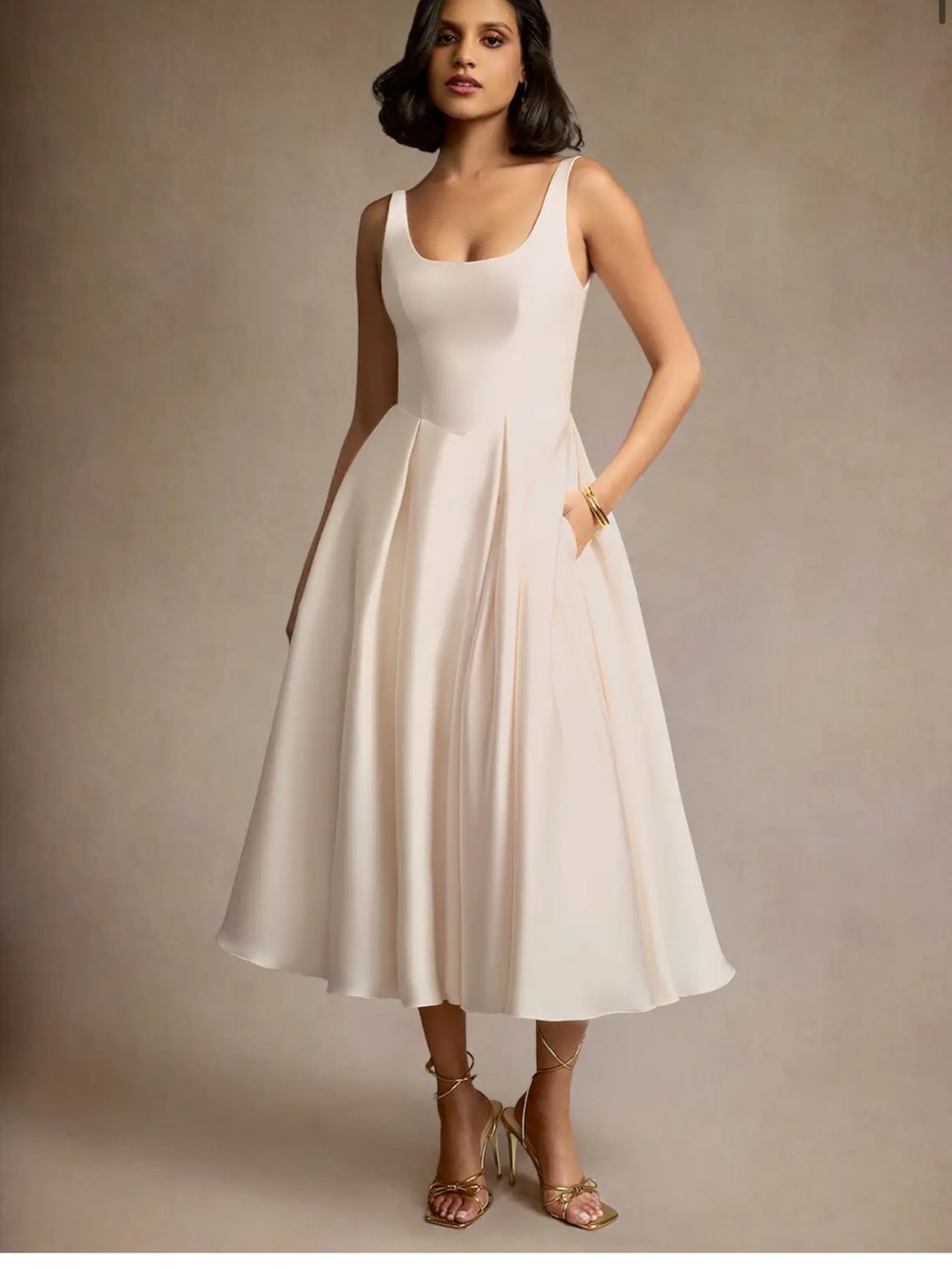 Azazie Cream Scoop-Neck Midi Dress Olivia Cream Pleated Midi Dress